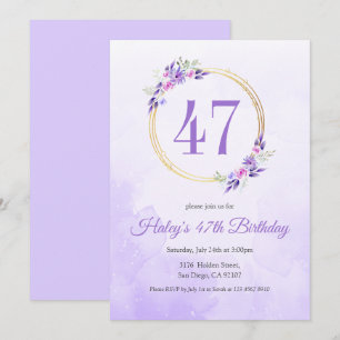 Pastel Purple Floral Golden Wreath 47th Birthday Invitation