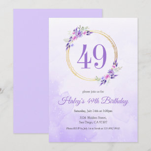 Pastel Purple Floral Golden Wreath 49th Birthday Invitation