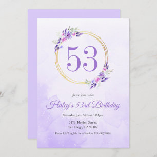 Pastel Purple Floral Golden Wreath 53rd Birthday Invitation