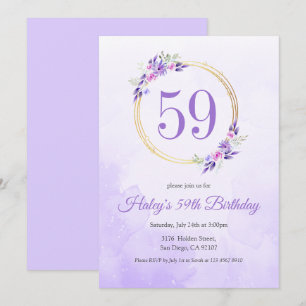 Pastel Purple Floral Golden Wreath 59th Birthday Invitation