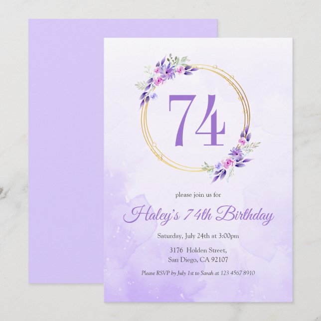 Pastel Purple Floral Golden Wreath 74th Birthday Invitation (Front/Back)