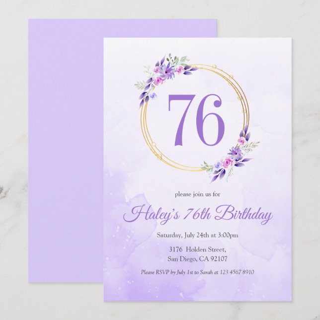 Pastel Purple Floral Golden Wreath 76th Birthday Invitation (Front/Back)