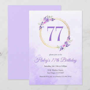Pastel Purple Floral Golden Wreath 77th Birthday Invitation
