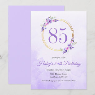 Pastel Purple Floral Golden Wreath 85th Birthday Invitation