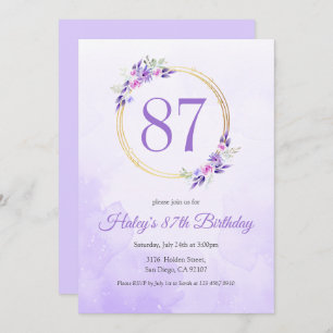 Pastel Purple Floral Golden Wreath 87th Birthday Invitation