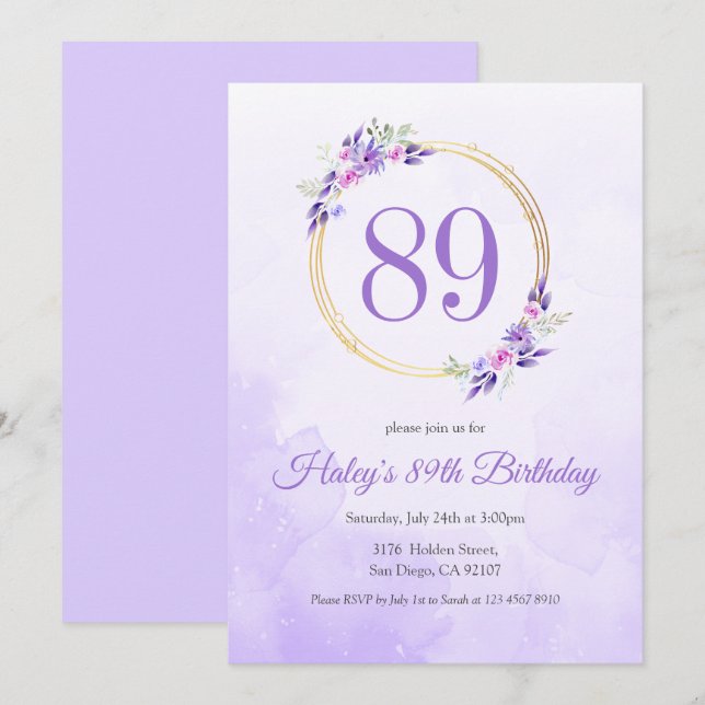 Pastel Purple Floral Golden Wreath 89th Birthday Invitation (Front/Back)