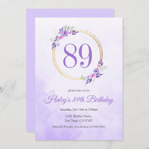 Pastel Purple Floral Golden Wreath 89th Birthday Invitation