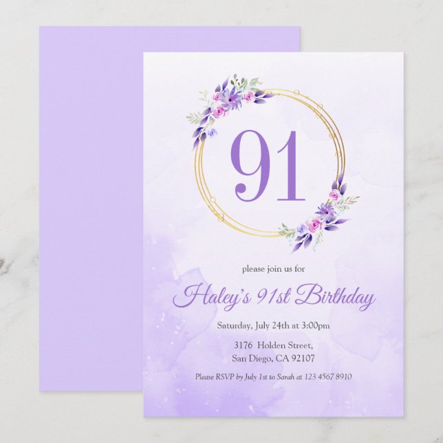Pastel Purple Floral Golden Wreath 91st Birthday Invitation (Front/Back)