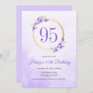 Pastel Purple Floral Golden Wreath 95th Birthday Invitation