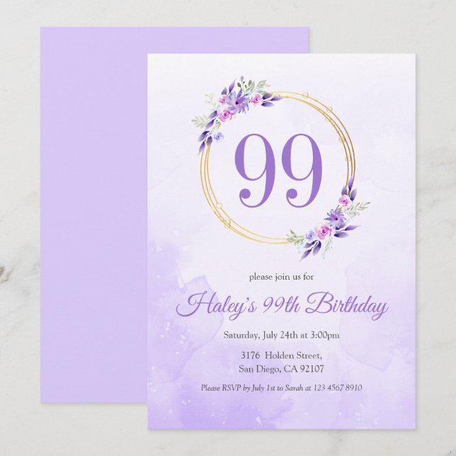 Pastel Purple Floral Golden Wreath 99th Birthday Invitation (Front/Back)