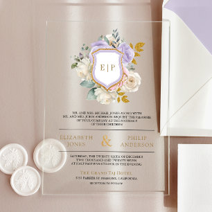 Pastel Purple Floral Monogram Crest Wedding Acrylic Invitations