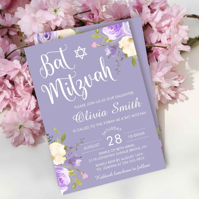 Pastel Purple Floral White Script Bat Mitzvah Invitation (Creator Uploaded)