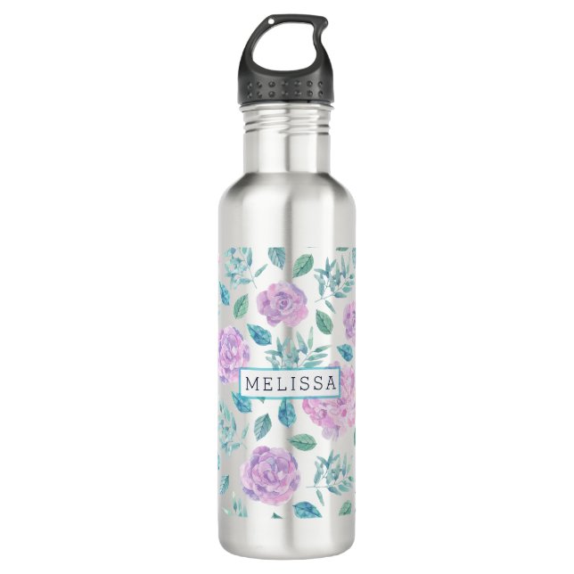 Pastel Purple Flowers Pattern Monogram Water Bottle (Front)