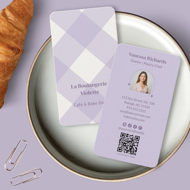 Pastel Purple Gingham Bakery Vertical QR Photo Business Card (Creator Uploaded)
