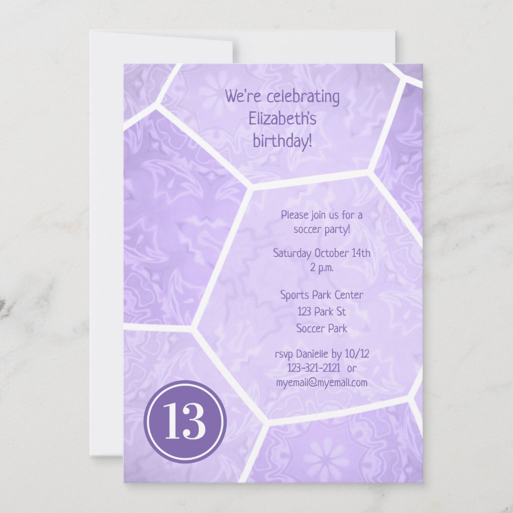 pastel purple girly soccer birthday party invitation