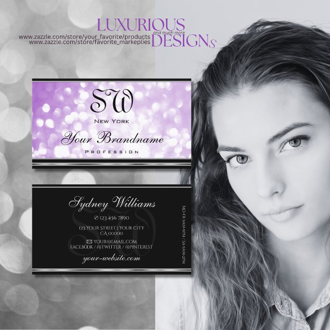 Pastel Purple Glitter Monogram Black Silver Lilac  Business Card (Creator Uploaded)