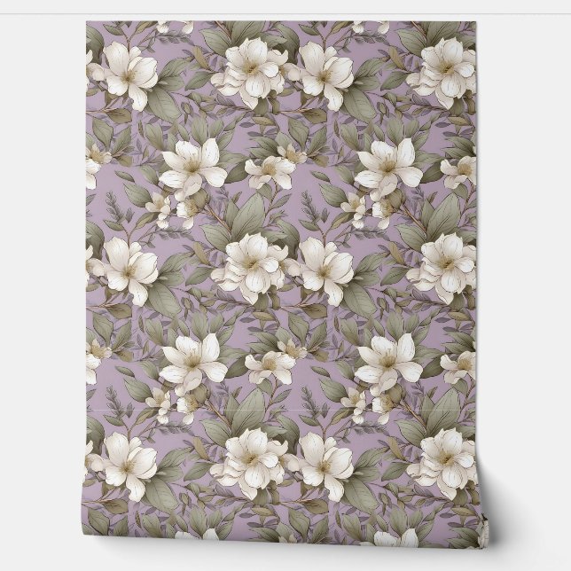 Pastel purple gold and sage white magnolia flowers wallpaper  (Unrolling)