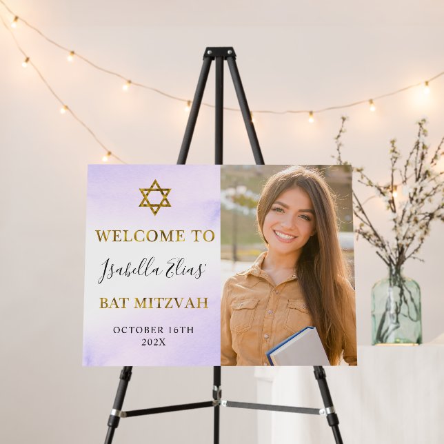 Pastel Purple Gold Bat Mitzvah Welcome Photo Foam Board (In Situ (Stand))