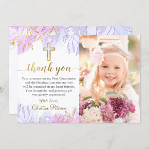 Pastel Purple Gold Floral First Communion Photo Thank You Card