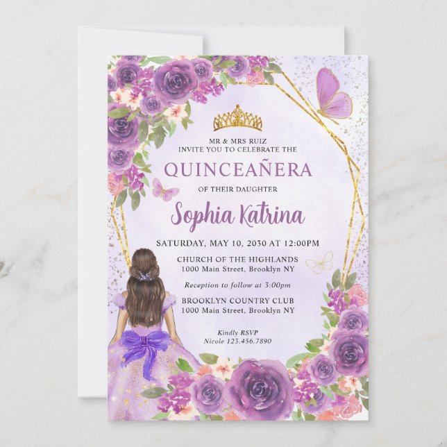 Pastel Purple Gold Floral Princess Quinceañera Invitation (Front)