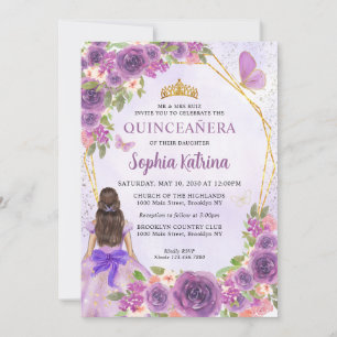 Pastel Purple Gold Floral Princess Quinceañera Invitation