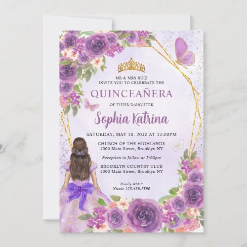 Pastel Purple Gold Floral Princess Quinceaera Invitation