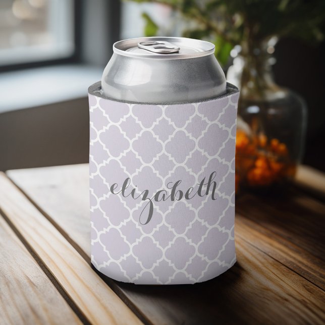 Pastel Purple Gray Quatrefoil Pattern Custom Name Can Cooler (Personalized can cooler with a place to add a name or other custom text)