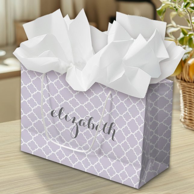 Pastel Purple Gray Quatrefoil Pattern Custom Name Large Gift Bag (Custom Gift Bag)