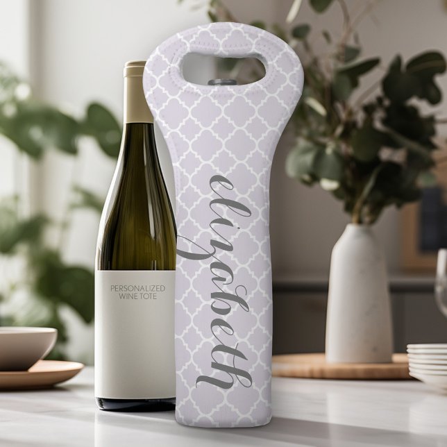 Pastel Purple Gray Quatrefoil Pattern Custom Name Wine Bag (Personalized Wine Tote - Add Your Name or Customize completely in the advanced design area)