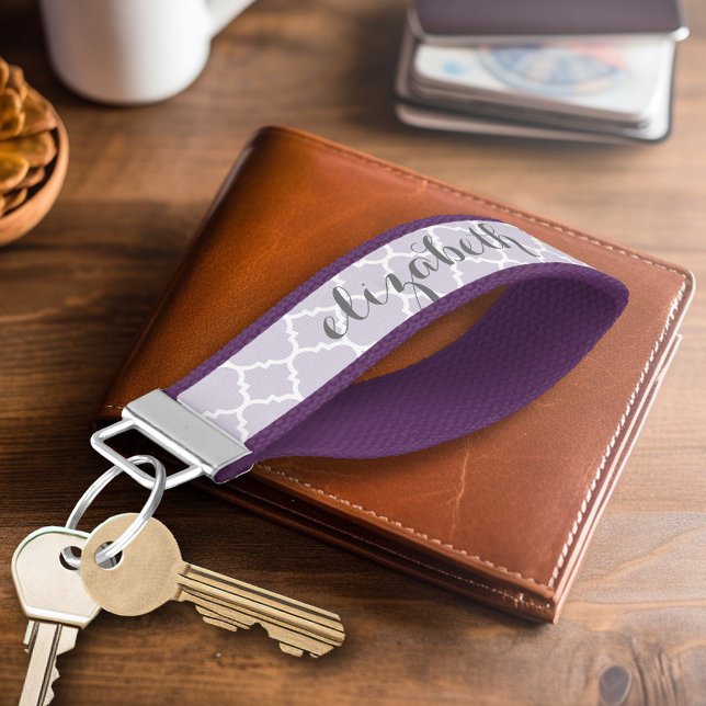 Pastel Purple Gray Quatrefoil Pattern Custom Name Wrist Keychain (Personalized Keychain - Add Monogram or Name)