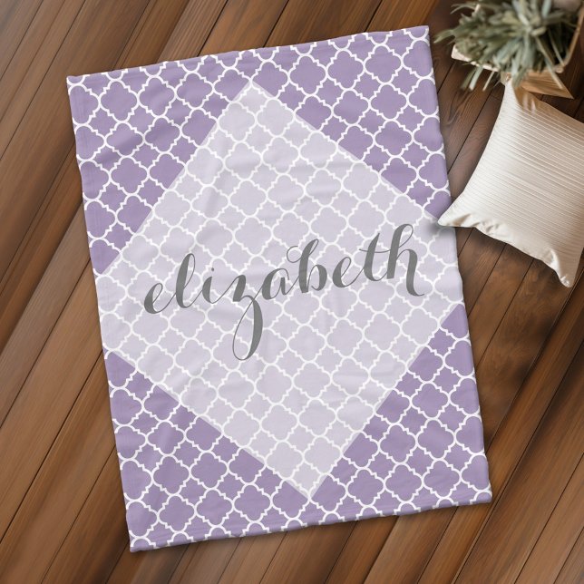 Pastel Purple Gray Quatrefoil Pattern script Name Fleece Blanket (Personalized fleece blanket with monogram)