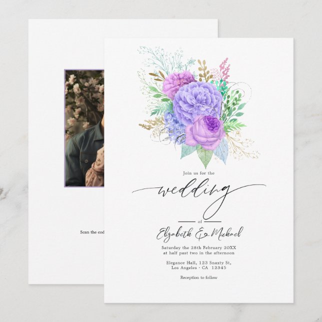 Pastel Purple & Green Floral Spring Wedding Photo Invitation (Front/Back)