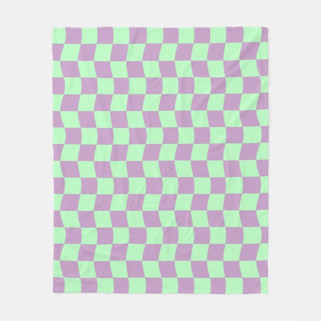 Pastel Purple Green Wavy Checkerboard Print Fleece Blanket (Front)