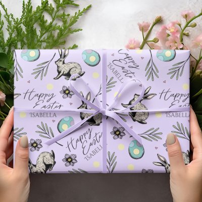 Pastel Purple Happy Easter Bunnies Wrapping Paper