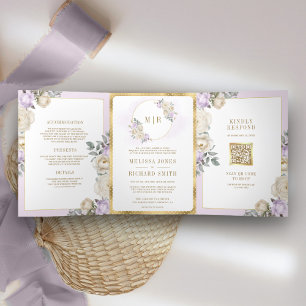 Pastel Purple Ivory Floral Gold All in One Wedding Tri-Fold Invitation