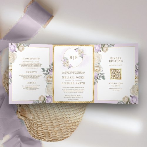 Pastel Purple Ivory Floral Gold All in One Wedding Tri_Fold Invitation