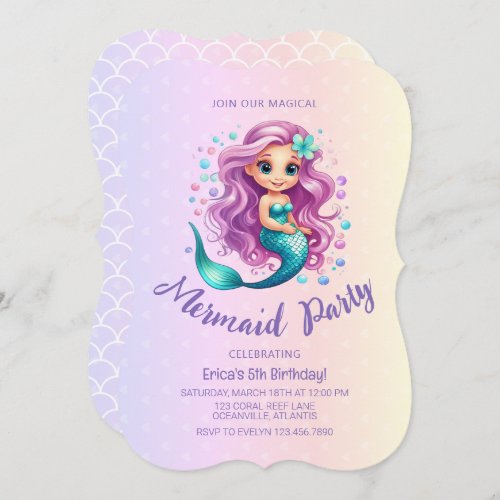 Pastel Purple Little Mermaid Watercolor Birthday Invitation