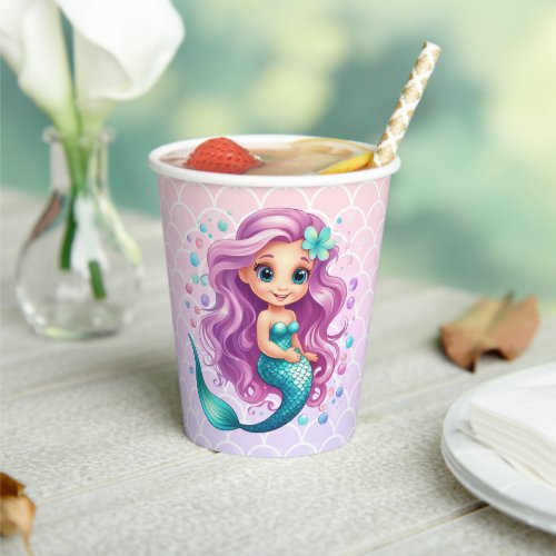 Pastel Purple Little Mermaid Watercolor Birthday Paper Cups