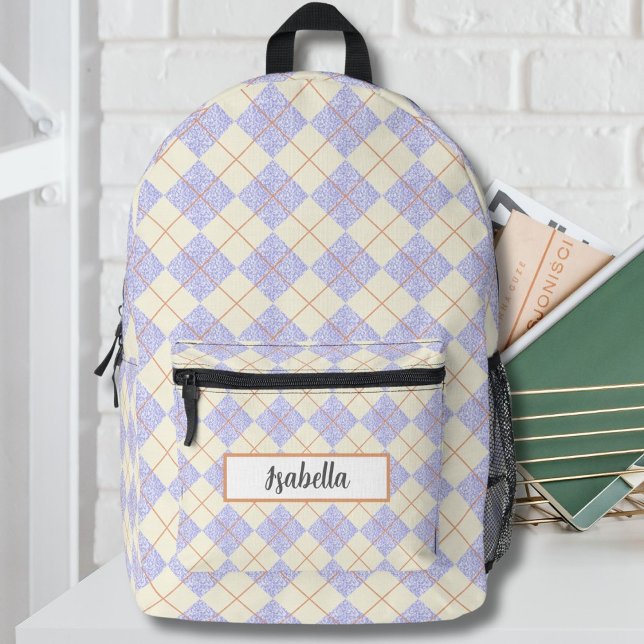 Pastel Purple On Yellow Diamonds Argyle Pattern  Printed Backpack (Creator Uploaded)