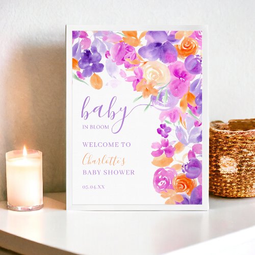 Pastel purple orange floral welcome baby shower poster