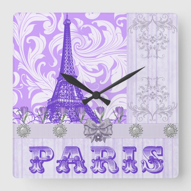 Pastel Purple Paris Square Wall Clock (Front)