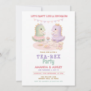 Pastel Purple Party Like A Dinosaur Joint Birthday Invitation