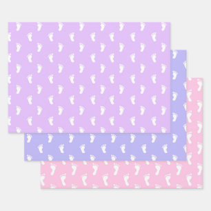PASTEL PURPLE PERIWINKLE PINK ROWS OF BABY FEET WRAPPING PAPER SHEETS