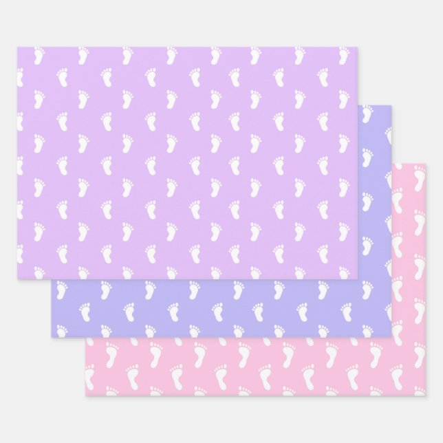 PASTEL PURPLE PERIWINKLE PINK ROWS OF BABY FEET WRAPPING PAPER SHEETS (Set)