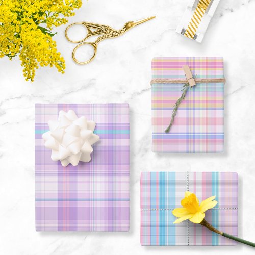 Pastel Purple Pink Blue Plaid Wrapping Paper Sheets