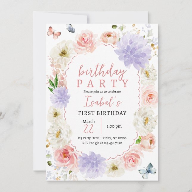 Pastel Purple Pink Butterfly Birthday Invitation (Front)