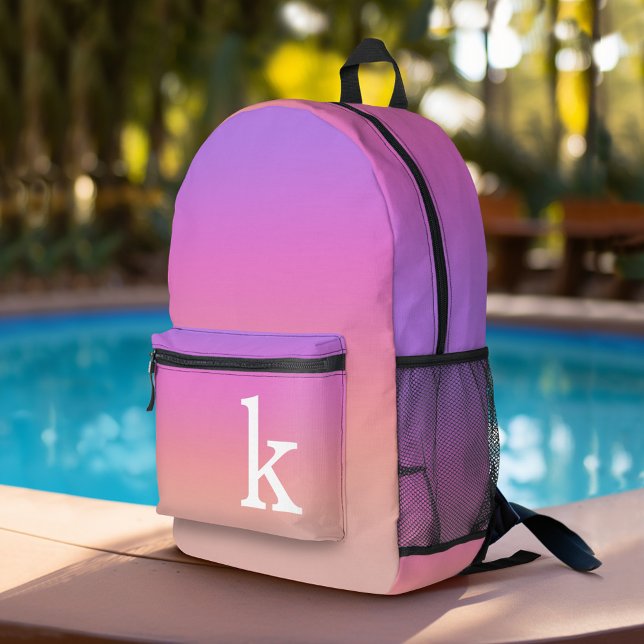 Pastel Purple Pink Coral Gradient - huge monogram Printed Backpack (Personalized Backpack with gradient shades plus custom name)