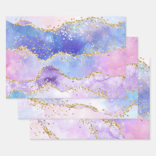 Pastel Purple, Pink & Gold Glitter Agate Wrapping Paper Sheets