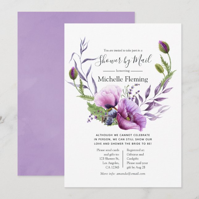 Pastel Purple Poppy Baby or Bridal Shower by Mail Invitation (Front/Back)