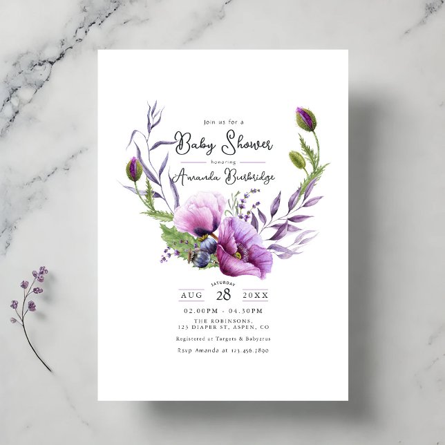 Pastel Purple Poppy Floral Wreath Baby Shower Invitation (Pastel Purple Poppy Floral Wreath Baby Shower Invitation)